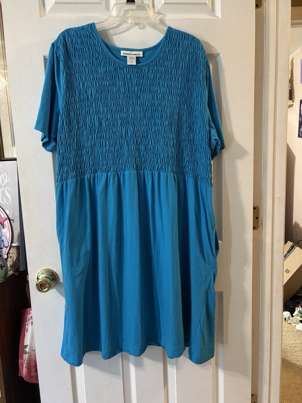 Serengeti Catalog Dress 1X 100% Cotton Smocked Bodice Pockets Turquoise Teal